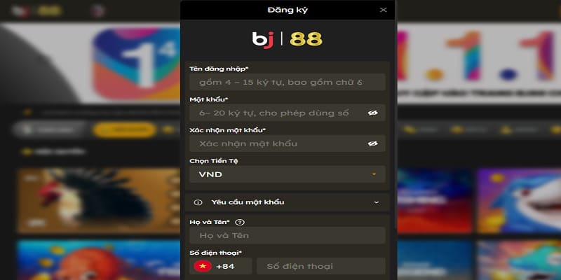Giao diện đăng ký tài khoản mới BJ88