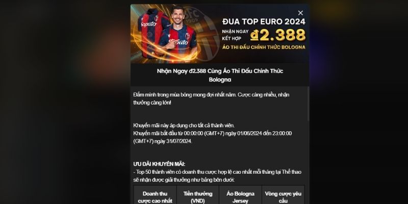 Sự kiện đua top Euro để nhận tiền thưởng cực khủng cùng áo đấu Bologna